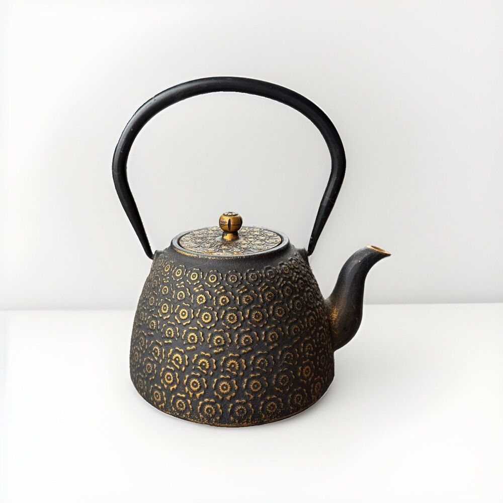 Japanese Cast Iron Teapot Tetsubin Tea Kettle Black Gold Floral Loose Infuser